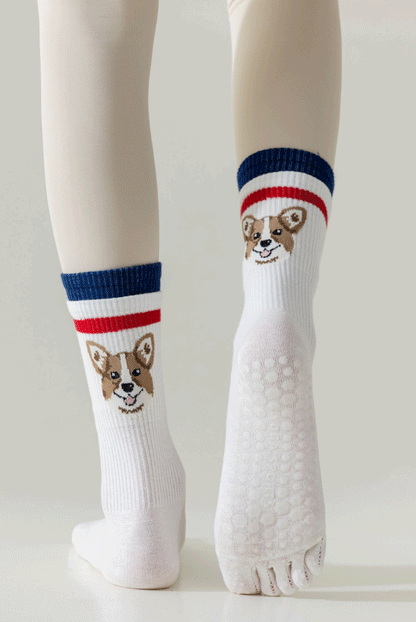 Active Mid-Rise Pet Patterned Five Toe Grip Socks